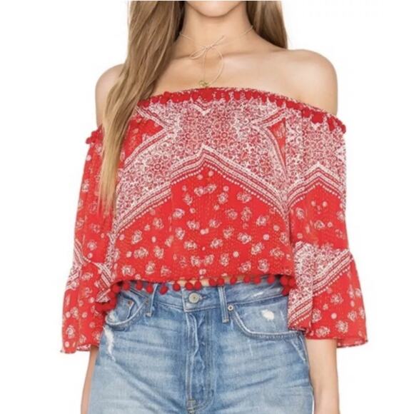 Tularosa Tops - Tularosa Alexa Top Womens XS Red Bandana Pom Pom Off Shoulder Bell Sleeves